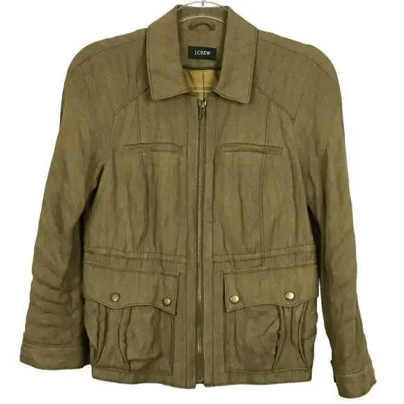 J CREW Safari Full Zip Olive Army Moss Green Jacket Utility Lined Pockets S M - Picture 1 of 6